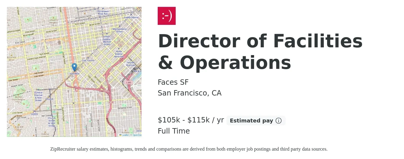 Faces SF job posting for a Director of Facilities & Operations in San Francisco, CA with a salary of $105,000 to $115,000 Yearly with a map of San Francisco location.