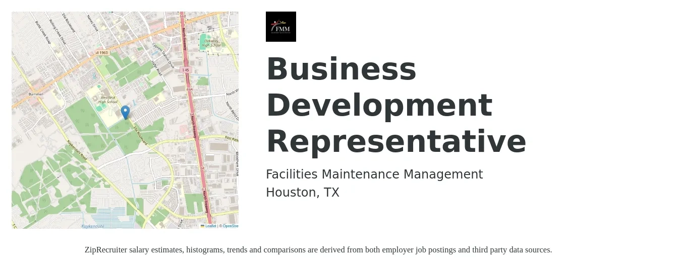 Facilities Maintenance Management job posting for a Business Development Representative in Houston, TX with a salary of $38,900 to $60,500 Yearly with a map of Houston location.