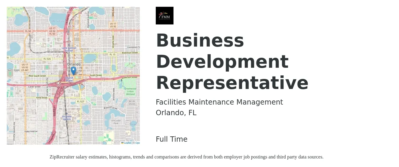 Facilities Maintenance Management job posting for a Business Development Representative in Orlando, FL with a salary of $42,100 to $65,400 Yearly with a map of Orlando location.