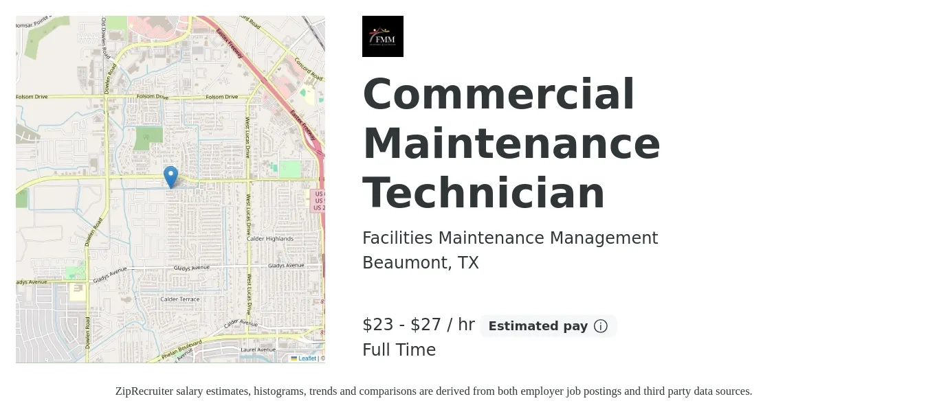 Facilities Maintenance Management job posting for a Commercial Maintenance Technician in Beaumont, TX with a salary of $24 to $29 Hourly with a map of Beaumont location.