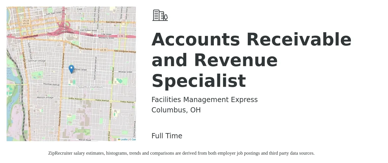 Facilities Management Express job posting for a Accounts Receivable and Revenue Specialist in Columbus, OH with a salary of $20 to $26 Hourly with a map of Columbus location.