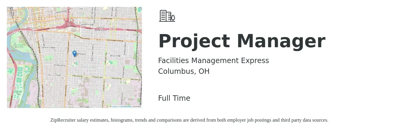 Facilities Management Express job posting for a Project Manager in Columbus, OH with a salary of $75,800 to $118,800 Yearly with a map of Columbus location.
