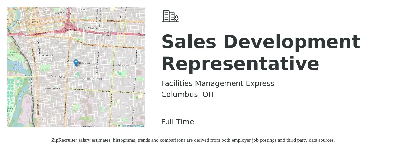 Facilities Management Express job posting for a Sales Development Representative in Columbus, OH with a salary of $40,600 to $58,900 Yearly with a map of Columbus location.