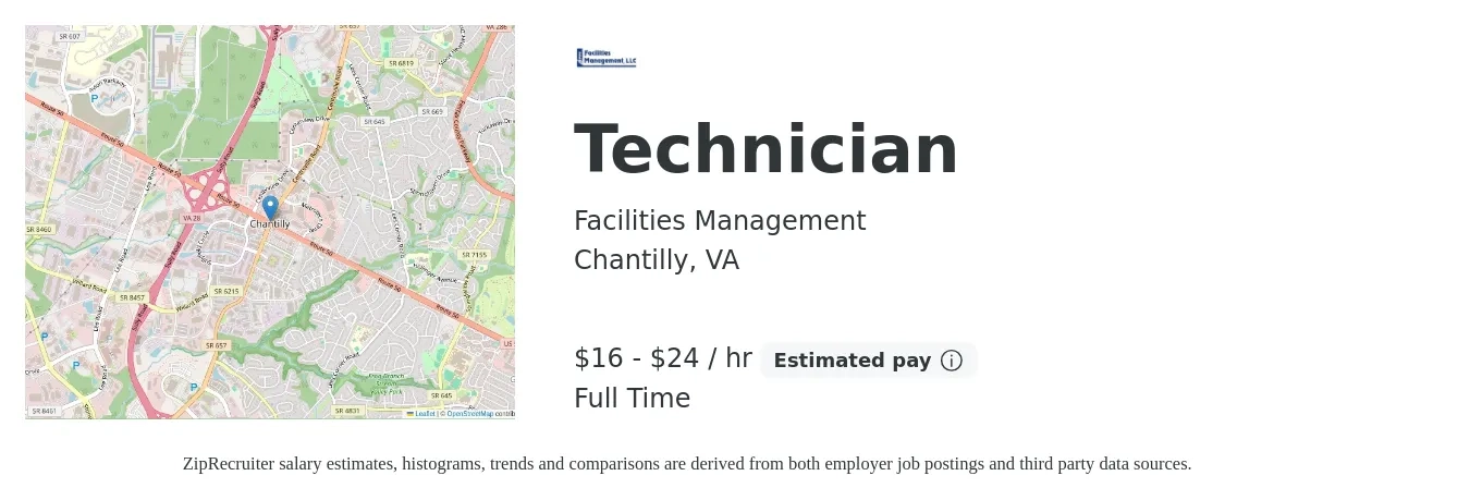Facilities Management job posting for a Technician in Chantilly, VA with a salary of $17 to $25 Hourly with a map of Chantilly location.