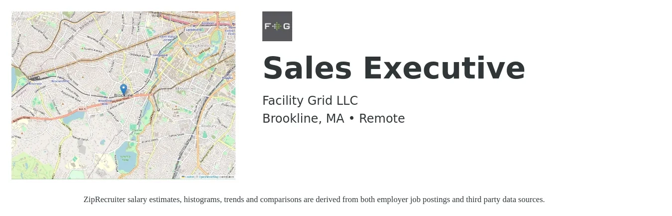 Facility Grid LLC job posting for a Sales Executive in Brookline, MA with a salary of $62,400 to $107,300 Yearly with a map of Brookline location.