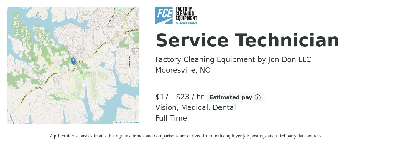 Factory Cleaning Equipment by Jon-Don LLC job posting for a Service Technician in Mooresville, NC with a salary of $18 to $24 Hourly and benefits including dental, life_insurance, medical, retirement, and vision with a map of Mooresville location.