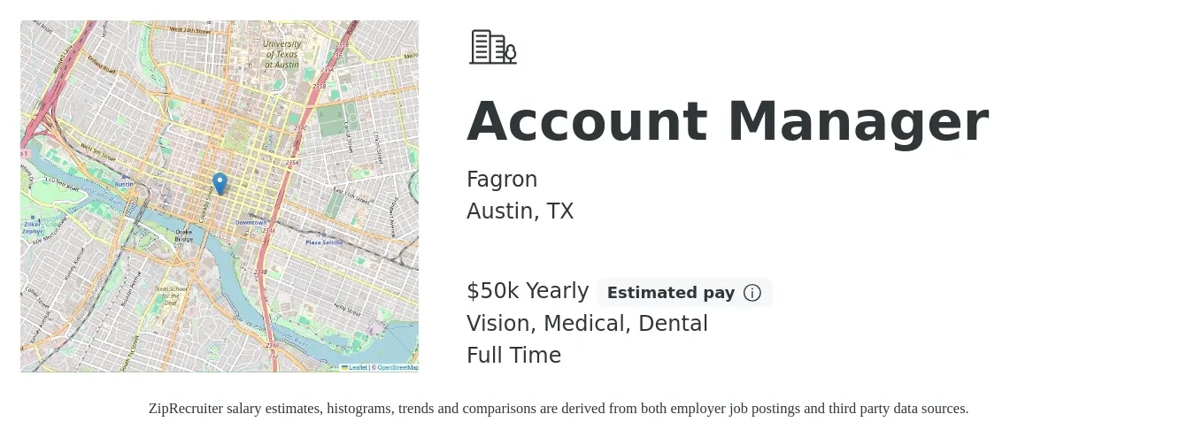 Fagron job posting for a Account Manager in Austin, TX with a salary of $50,000 Yearly (plus commission) and benefits including life_insurance, medical, pto, retirement, vision, and dental with a map of Austin location.