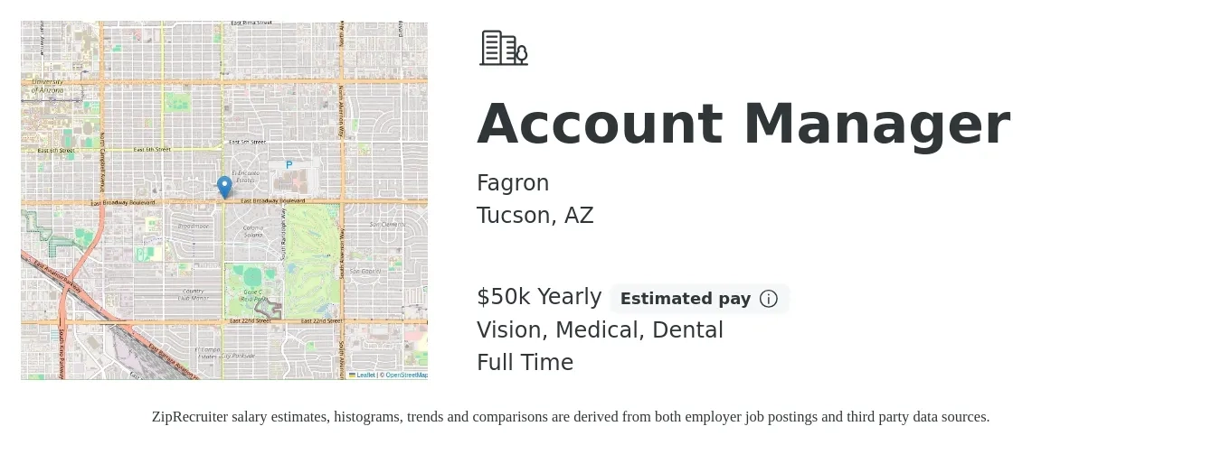 Fagron job posting for a Account Manager in Tucson, AZ with a salary of $50,000 Yearly (plus commission) and benefits including pto, retirement, vision, dental, life_insurance, and medical with a map of Tucson location.