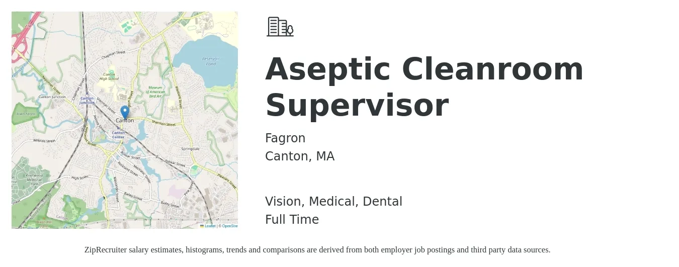 Fagron job posting for a Aseptic Cleanroom Supervisor in Canton, MA and benefits including medical, pto, retirement, vision, dental, and life_insurance with a map of Canton location.