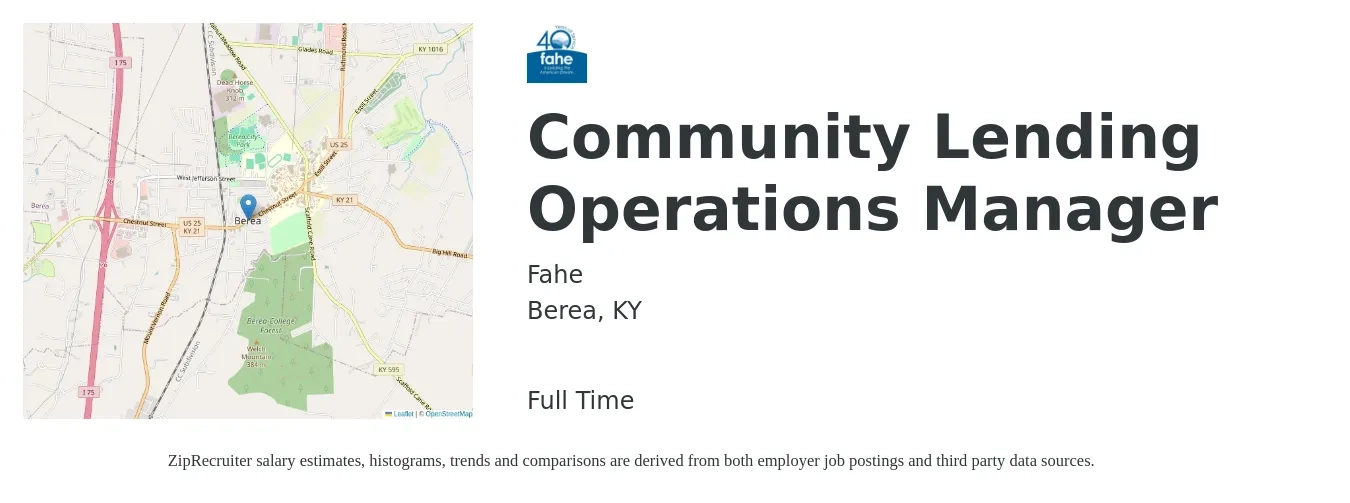 Fahe job posting for a Community Lending Operations Manager in Berea, KY with a salary of $51,000 to $104,400 Yearly with a map of Berea location.