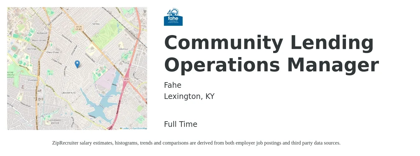 Fahe job posting for a Community Lending Operations Manager in Lexington, KY with a salary of $60,600 to $124,200 Yearly with a map of Lexington location.
