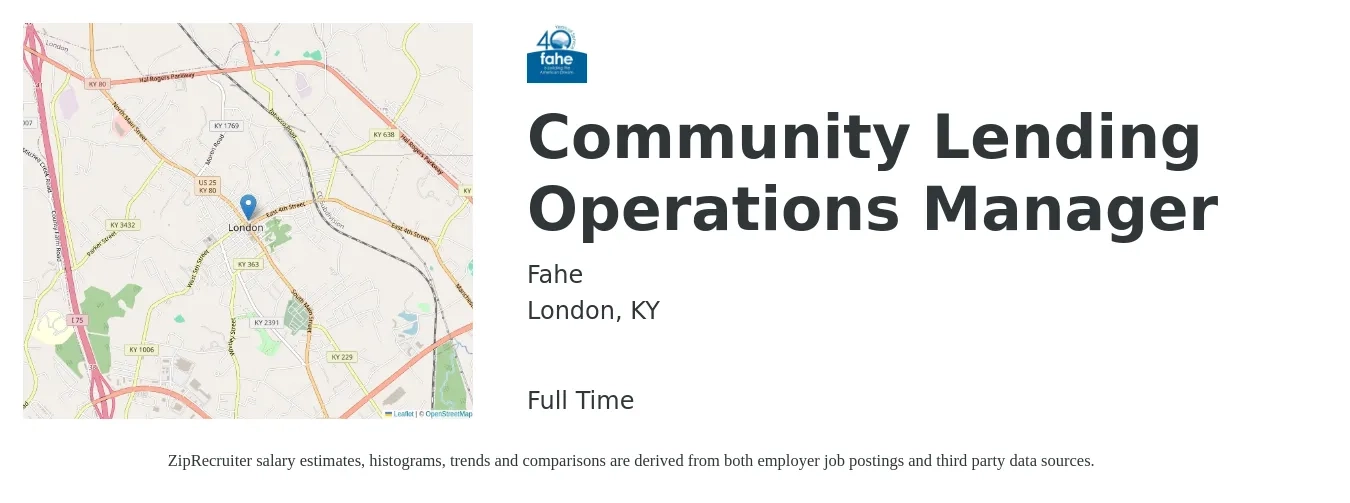 Fahe job posting for a Community Lending Operations Manager in London, KY with a salary of $51,500 to $105,400 Yearly with a map of London location.