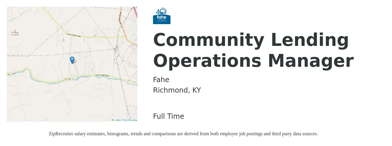 Fahe job posting for a Community Lending Operations Manager in Richmond, KY with a salary of $49,300 to $100,900 Yearly with a map of Richmond location.