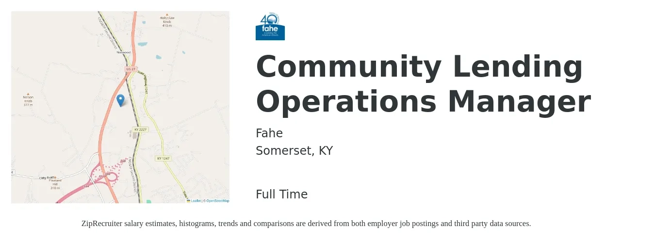 Fahe job posting for a Community Lending Operations Manager in Somerset, KY with a salary of $52,900 to $108,400 Yearly with a map of Somerset location.