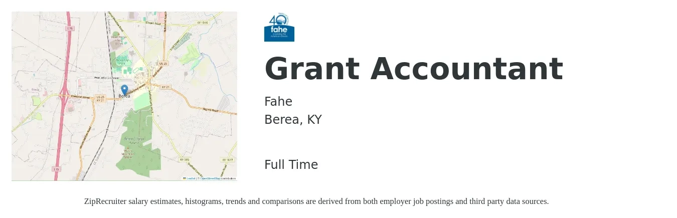 Fahe job posting for a Grant Accountant in Berea, KY with a salary of $45,100 to $61,800 Yearly with a map of Berea location.