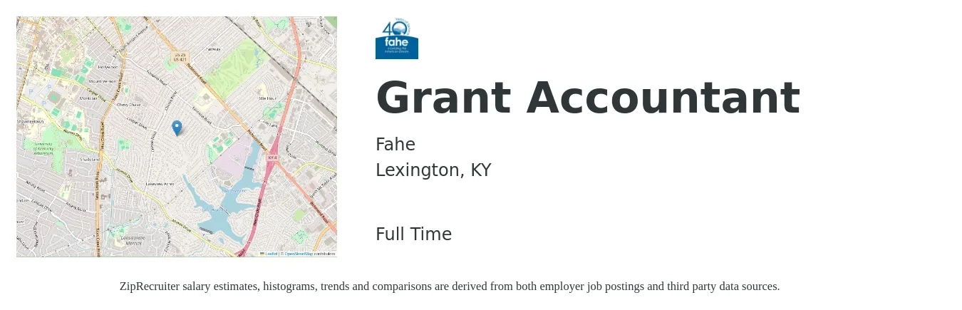 Fahe job posting for a Grant Accountant in Lexington, KY with a salary of $53,700 to $73,500 Yearly with a map of Lexington location.