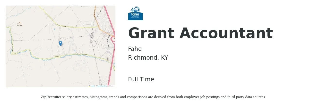 Fahe job posting for a Grant Accountant in Richmond, KY with a salary of $50,000 to $68,500 Yearly with a map of Richmond location.