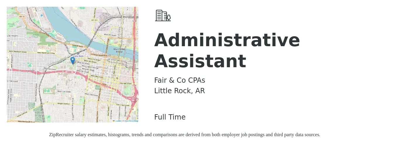 Fair & Co CPAs job posting for a Administrative Assistant in Little Rock, AR with a salary of $14 to $19 Hourly with a map of Little Rock location.