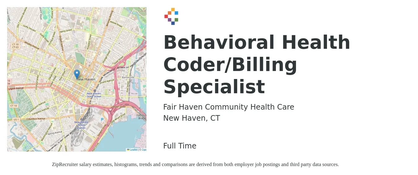 Fair Haven Community Health Care job posting for a Behavioral Health Coder/Billing Specialist in New Haven, CT with a salary of $19 to $24 Hourly with a map of New Haven location.