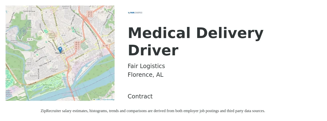 Fair Logistics job posting for a Medical Delivery Driver in Florence, AL with a salary of $800 to $1,000 Weekly with a map of Florence location.