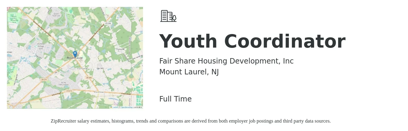 Fair Share Housing Development, Inc job posting for a Youth Coordinator in Mount Laurel, NJ with a salary of $20 to $26 Hourly with a map of Mount Laurel location.