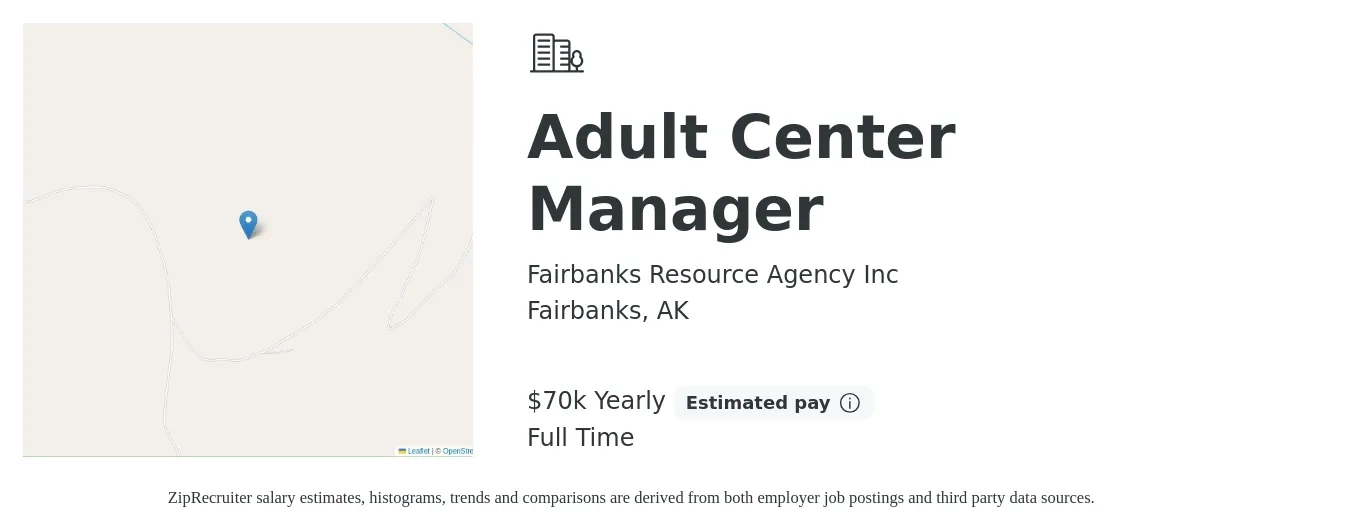 Fairbanks Resource Agency Inc job posting for a Adult Center Manager in Fairbanks, AK with a salary of $52,000 Yearly with a map of Fairbanks location.