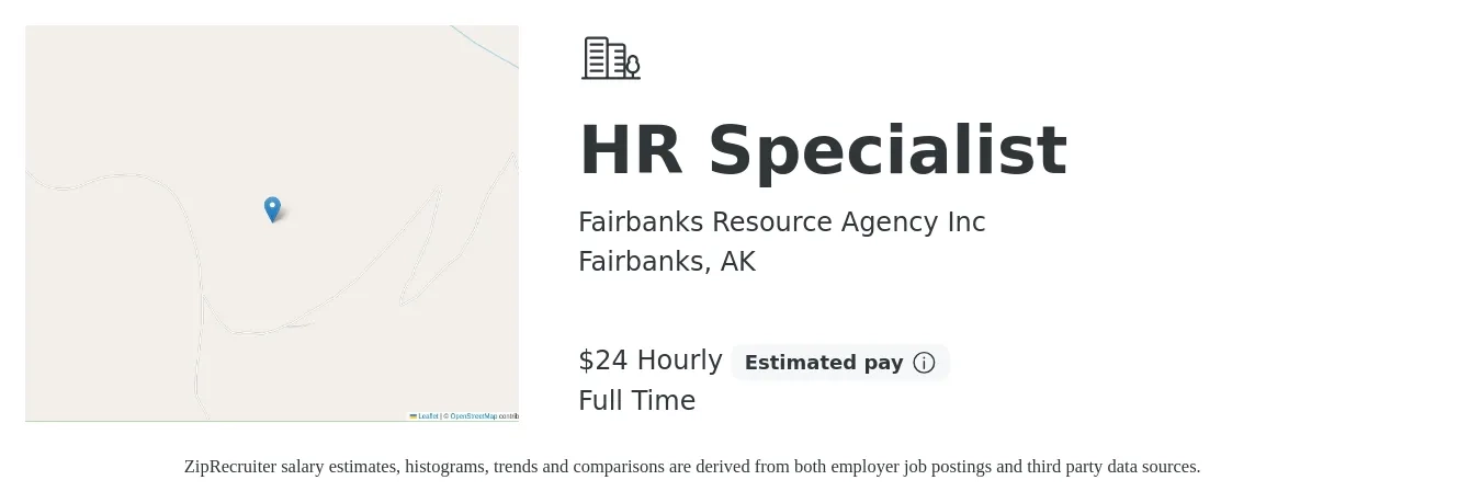 Fairbanks Resource Agency Inc job posting for a HR Specialist in Fairbanks, AK with a salary of $25 Hourly with a map of Fairbanks location.