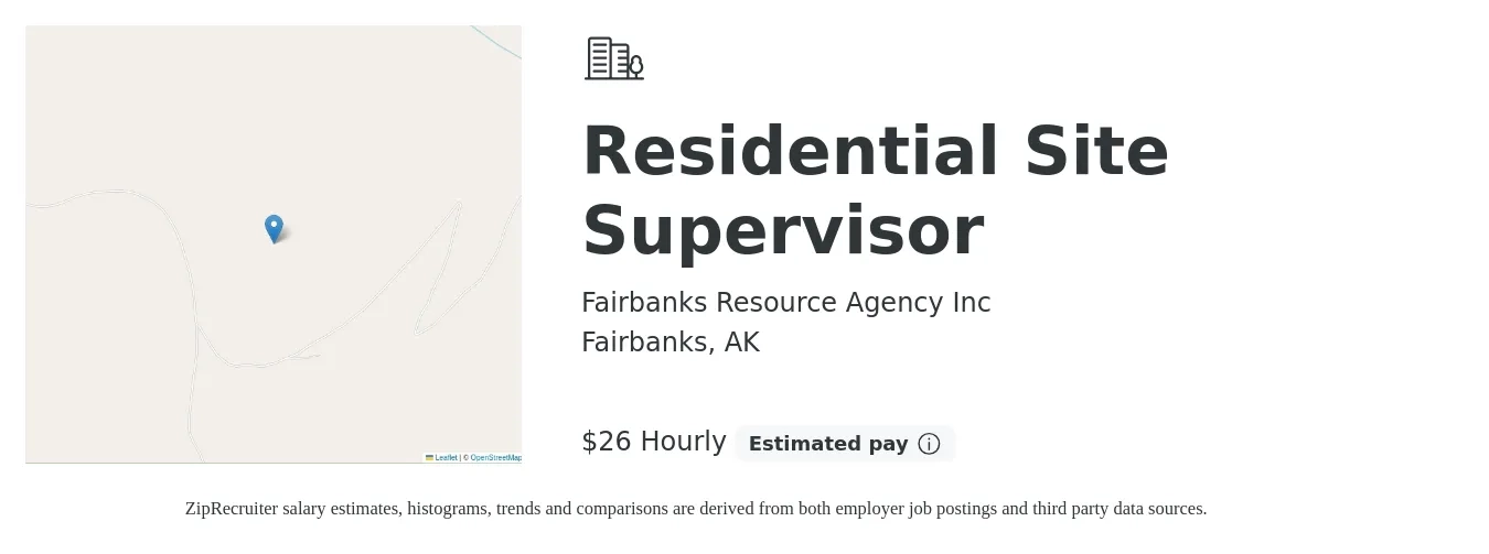 Fairbanks Resource Agency Inc job posting for a Residential Site Supervisor in Fairbanks, AK with a salary of $28 Hourly with a map of Fairbanks location.