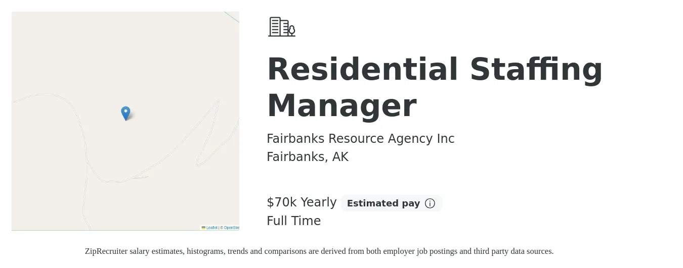 Fairbanks Resource Agency Inc job posting for a Residential Staffing Manager in Fairbanks, AK with a salary of $70,000 Yearly with a map of Fairbanks location.