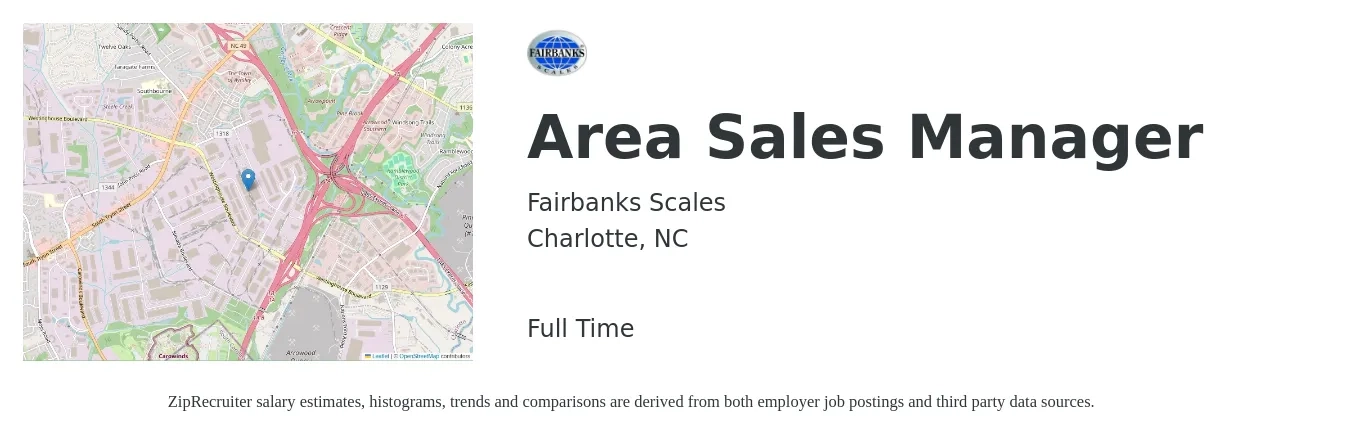 Fairbanks Scales job posting for a Area Sales Manager in Charlotte, NC with a salary of $70,800 to $110,700 Yearly with a map of Charlotte location.
