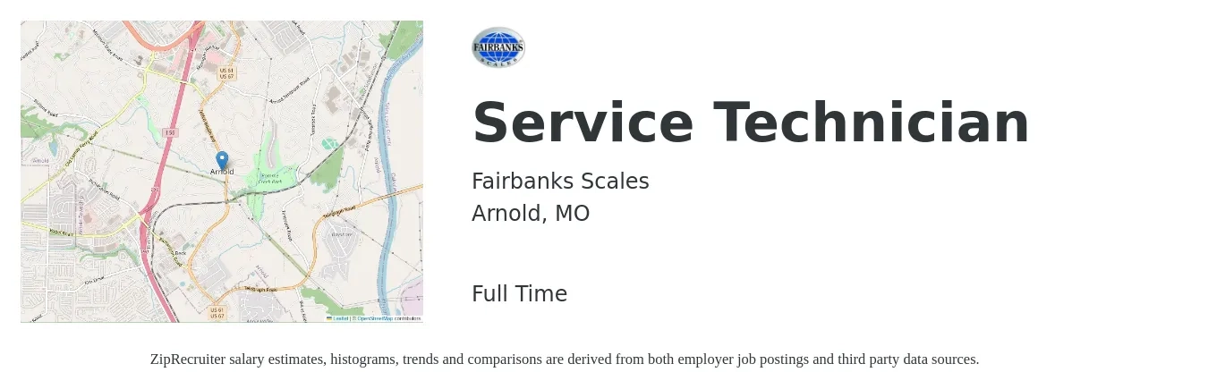 Fairbanks Scales job posting for a Service Technician in Arnold, MO with a salary of $18 to $24 Hourly with a map of Arnold location.