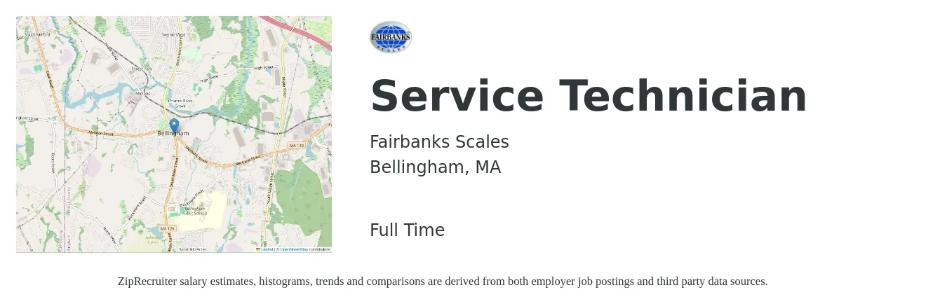 Fairbanks Scales job posting for a Service Technician in Bellingham, MA with a salary of $20 to $28 Hourly with a map of Bellingham location.