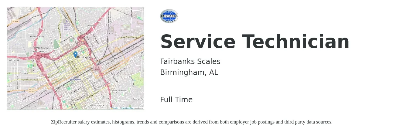 Fairbanks Scales job posting for a Service Technician in Birmingham, AL with a salary of $19 to $26 Hourly with a map of Birmingham location.