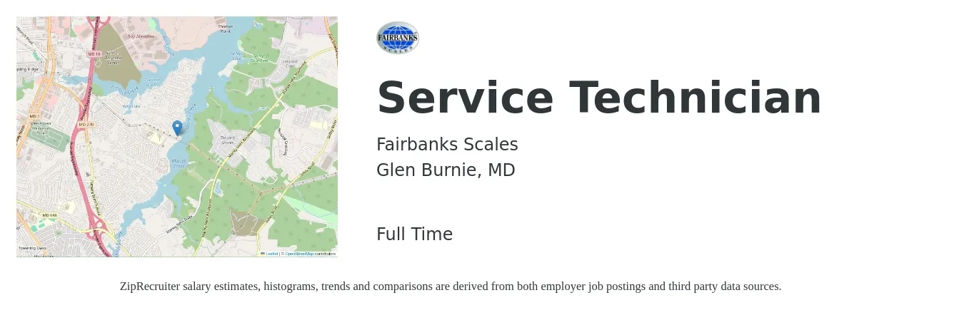 Fairbanks Scales job posting for a Service Technician in Glen Burnie, MD with a salary of $20 to $27 Hourly with a map of Glen Burnie location.
