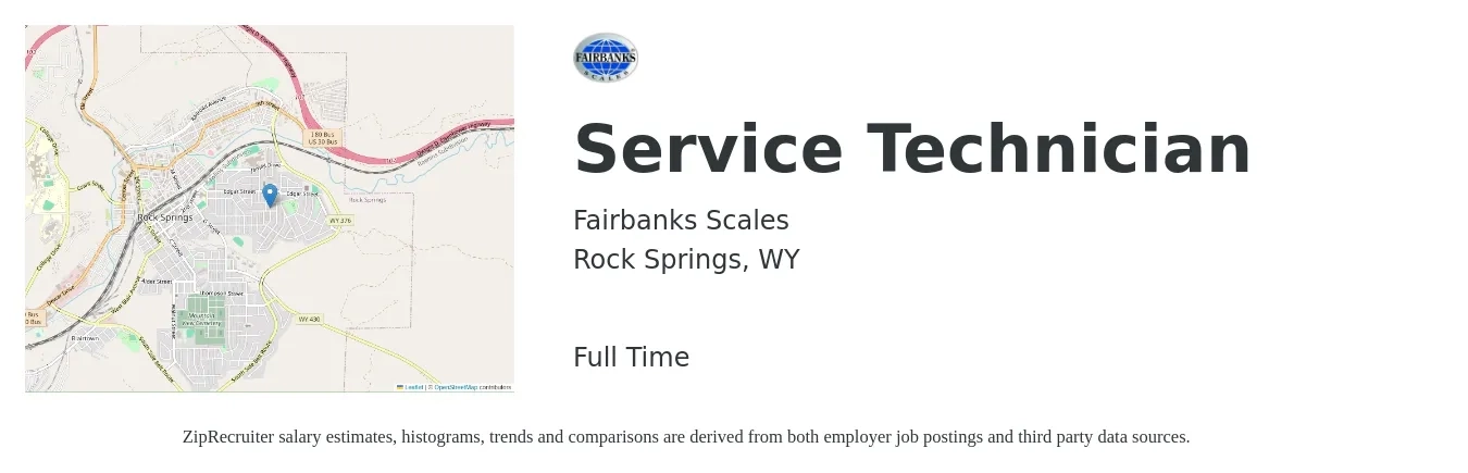Fairbanks Scales job posting for a Service Technician in Rock Springs, WY with a salary of $20 to $28 Hourly with a map of Rock Springs location.