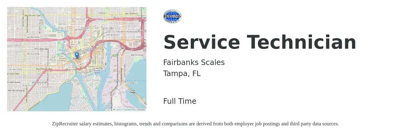 Fairbanks Scales job posting for a Service Technician in Tampa, FL with a salary of $19 to $26 Hourly with a map of Tampa location.