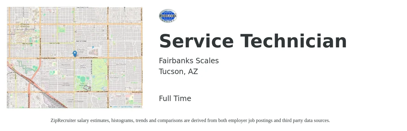 Fairbanks Scales job posting for a Service Technician in Tucson, AZ with a salary of $18 to $26 Hourly with a map of Tucson location.