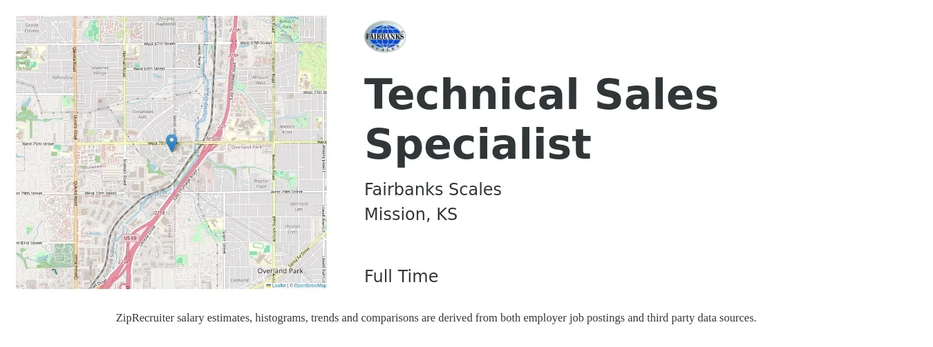 Fairbanks Scales job posting for a Technical Sales Specialist in Mission, KS with a salary of $53,700 to $85,900 Yearly with a map of Mission location.