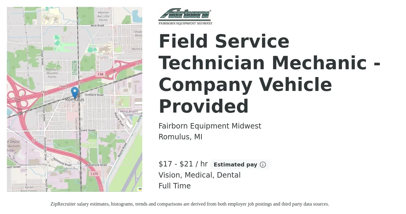 Fairborn Equipment Midwest job posting for a Field Service Technician Mechanic - Company Vehicle Provided in Romulus, MI with a salary of $18 to $22 Hourly and benefits including retirement, vision, dental, life_insurance, and medical with a map of Romulus location.