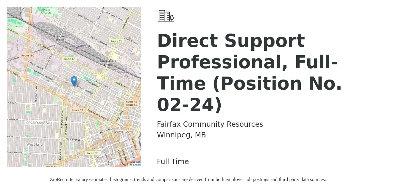 Fairfax Community Resources job posting for a Direct Support Professional, Full-Time (Position No. 02-24) in Winnipeg, MB with a salary of $16 to $19 Hourly with a map of Winnipeg location.