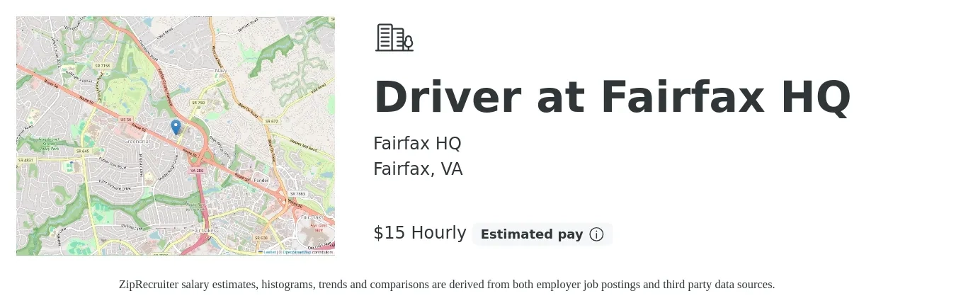 Fairfax HQ job posting for a Driver at Fairfax HQ in Fairfax, VA with a salary of $16 to $16 Hourly with a map of Fairfax location.