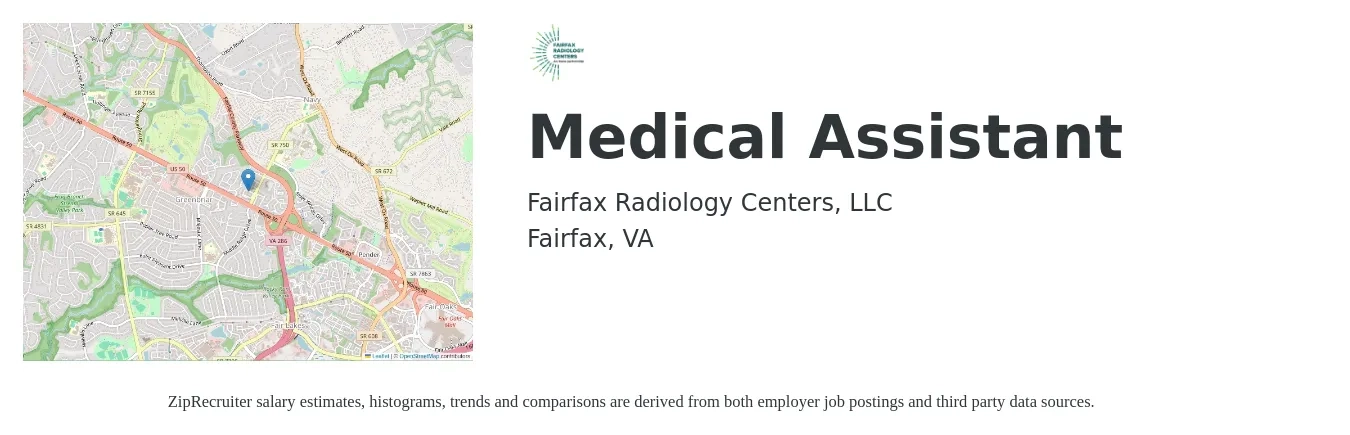 Fairfax Radiology Centers, LLC job posting for a Medical Assistant in Fairfax, VA with a salary of $18 to $22 Hourly with a map of Fairfax location.
