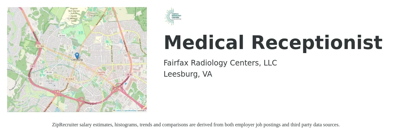 Fairfax Radiology Centers, LLC job posting for a Medical Receptionist in Leesburg, VA with a salary of $17 to $20 Hourly with a map of Leesburg location.