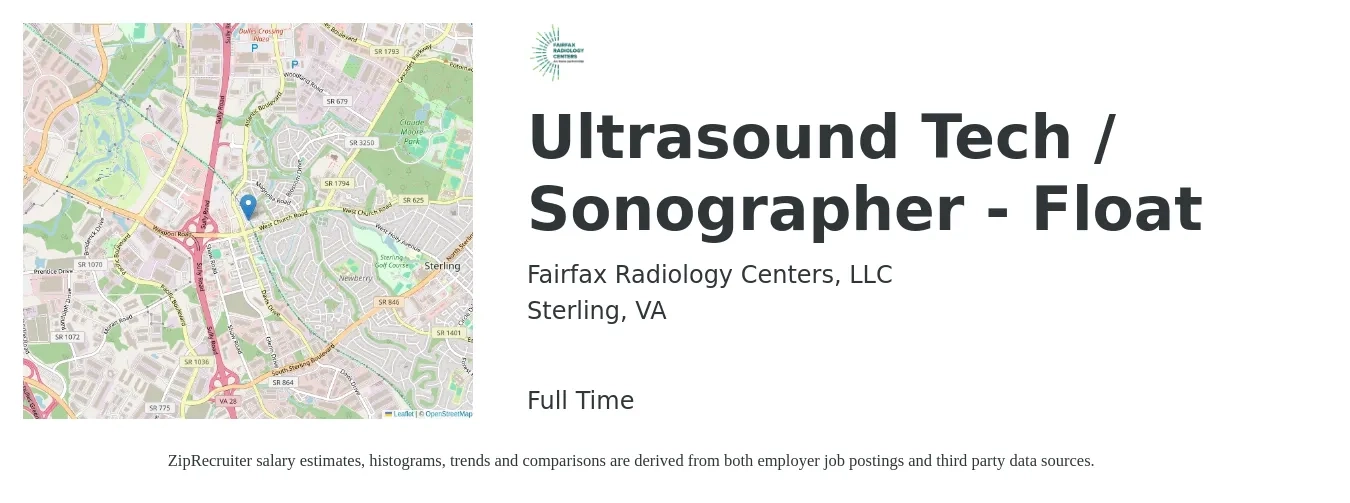 Fairfax Radiology Centers, LLC job posting for a Ultrasound Tech / Sonographer - Float in Sterling, VA with a salary of $1,640 to $2,770 Weekly with a map of Sterling location.