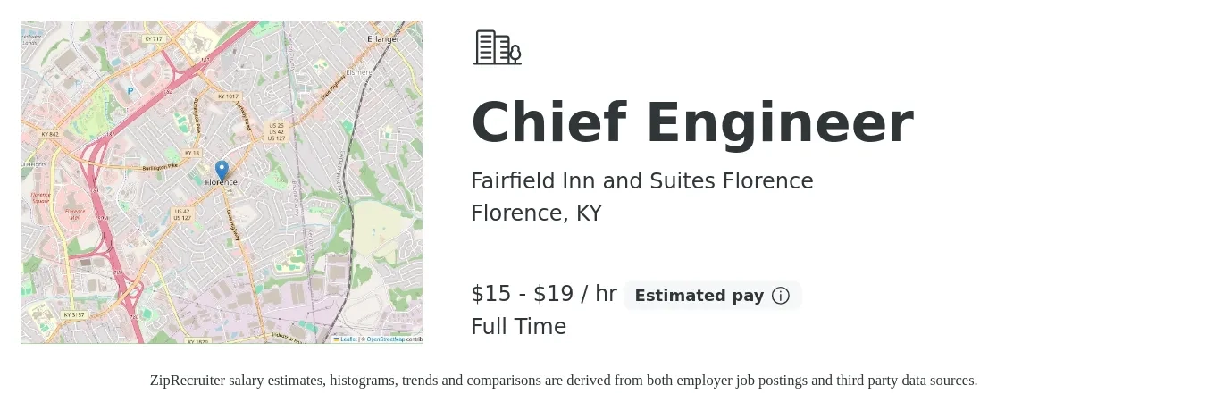 Fairfield Inn and Suites Florence job posting for a Chief Engineer in Florence, KY with a salary of $16 to $20 Hourly with a map of Florence location.