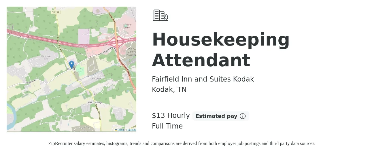 Fairfield Inn and Suites Kodak job posting for a Housekeeping Attendant in Kodak, TN with a salary of $14 Hourly with a map of Kodak location.