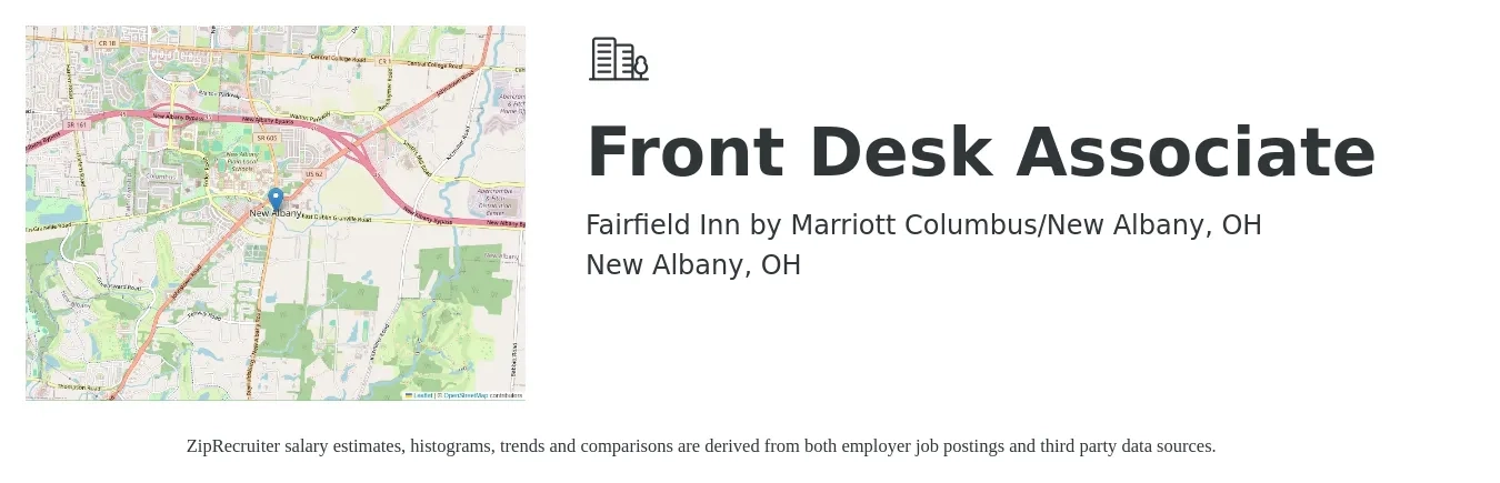 Fairfield Inn by Marriott Columbus/New Albany, OH job posting for a Front Desk Associate in New Albany, OH with a salary of $14 to $17 Hourly with a map of New Albany location.