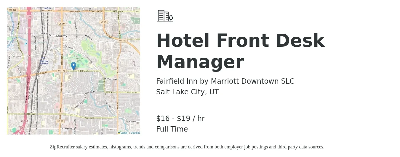 Fairfield Inn by Marriott Downtown SLC job posting for a Hotel Front Desk Manager in Salt Lake City, UT with a salary of $17 to $20 Hourly with a map of Salt Lake City location.
