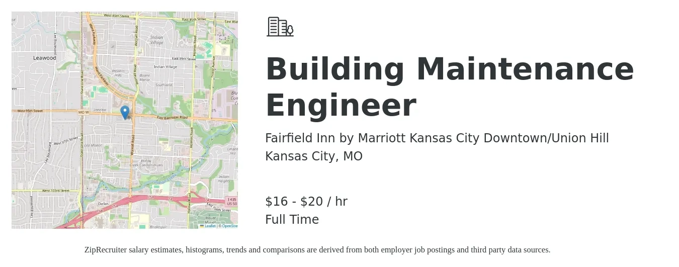 Fairfield Inn by Marriott Kansas City Downtown/Union Hill job posting for a Building Maintenance Engineer in Kansas City, MO with a salary of $17 to $21 Hourly with a map of Kansas City location.