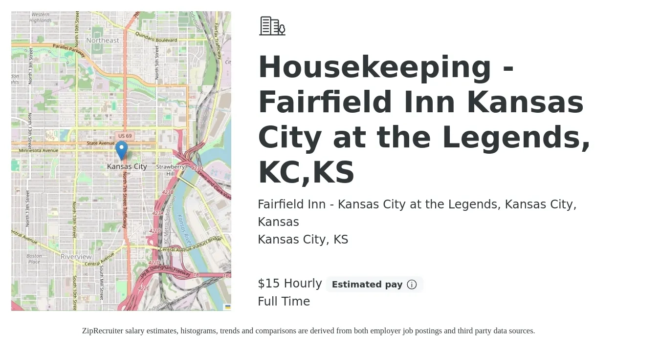 Fairfield Inn - Kansas City at the Legends, Kansas City, Kansas job posting for a Housekeeping - Fairfield Inn Kansas City at the Legends, KC,KS in Kansas City, KS with a salary of $16 Hourly with a map of Kansas City location.